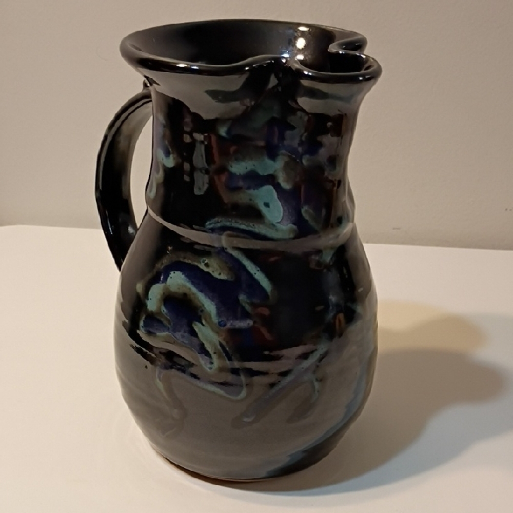 Iridescent Black Ceramic Pitcher Studio Art Pottery Signed Stamped